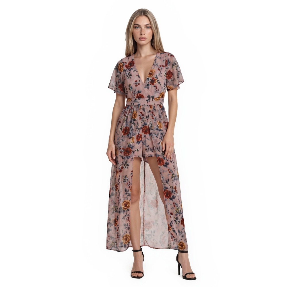 GB Gianni Bini Maxi Romper Dress Women's Size XS Pink Floral Burnout Velvet Slit